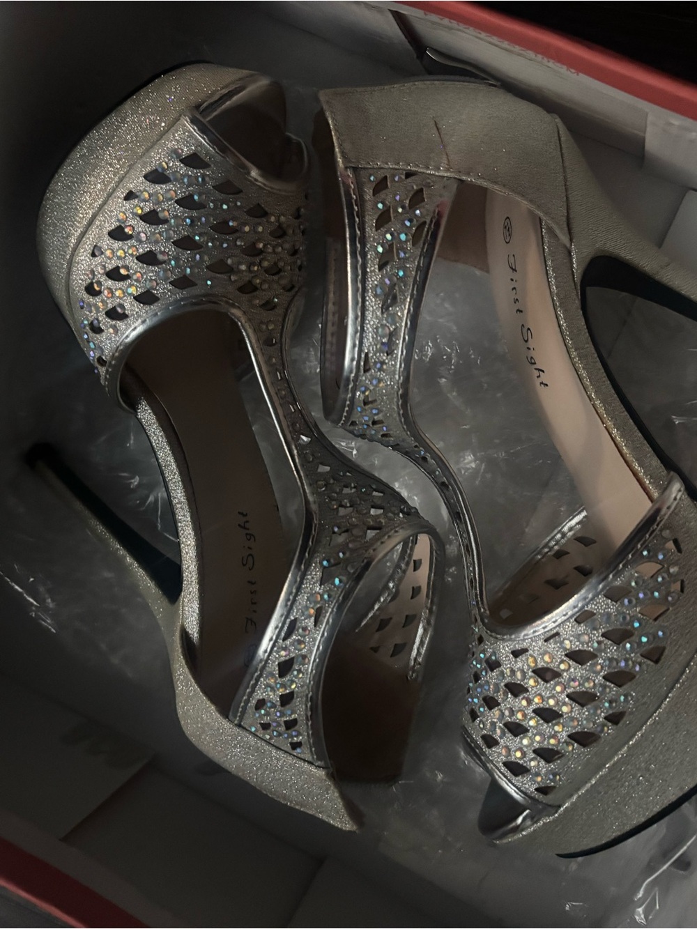 Silver Embellished Peep-Toe Heels by